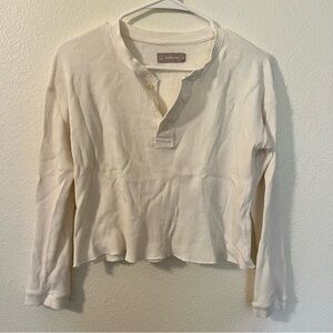 Everlane Ivory Waffle Knit Henley Cropped Long Sleeve Knit Shirt Bone Womens XS